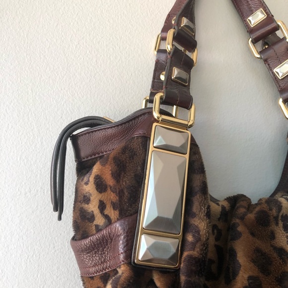 B. Makowsky Brown Leather/Leopard Material Hobo Bag - Picture 5 of 9